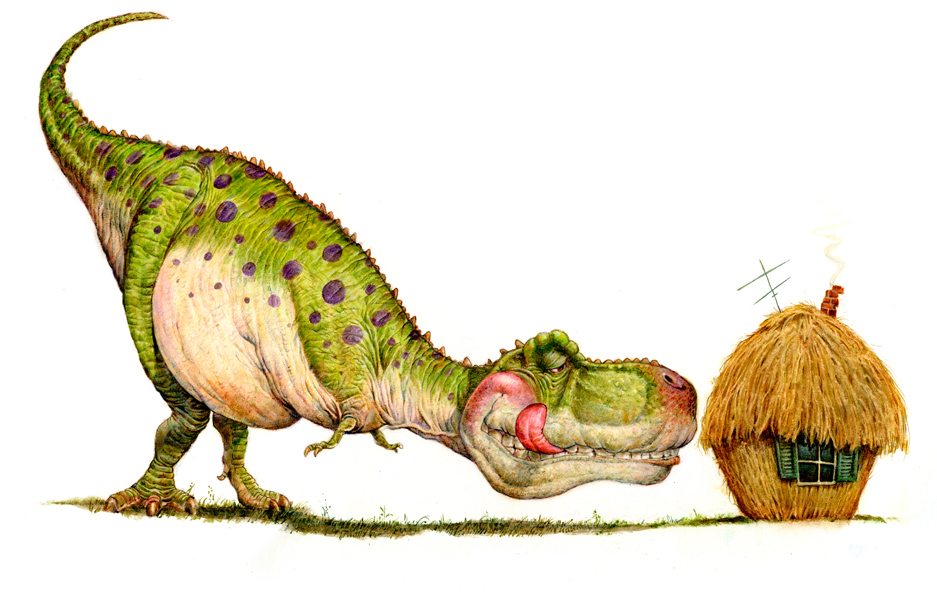 Art:  Polka Dot Dinosaur  (T rex dinosaur with straw house).  Original children’s art by Jim Harris.